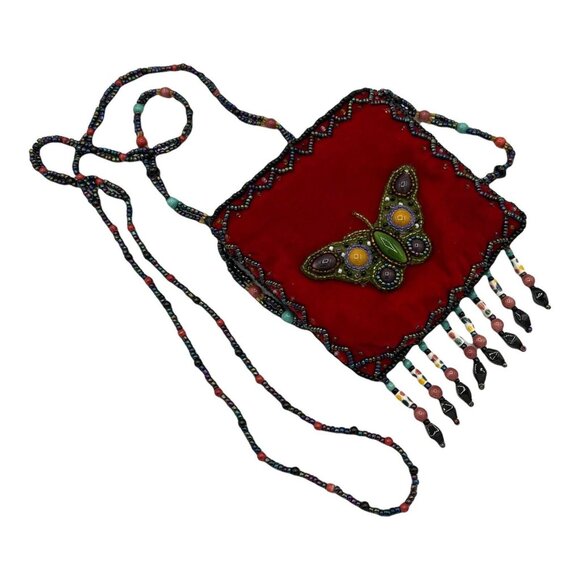 Red Silk Velvet Butterfly Stones Beaded Handbag 50 Inches Long Seed Bead Strap - Picture 1 of 12